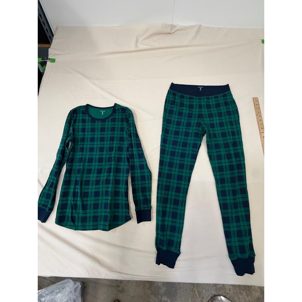 Amazon Essentials Womens Plaid Pajama Set Green Navy Blue Long Sleeve Medium NEW
